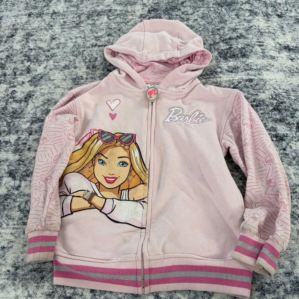Barbie Graphic Full Zip Hoodie Youth Girls Size 7 Pink Glitter Logo Character